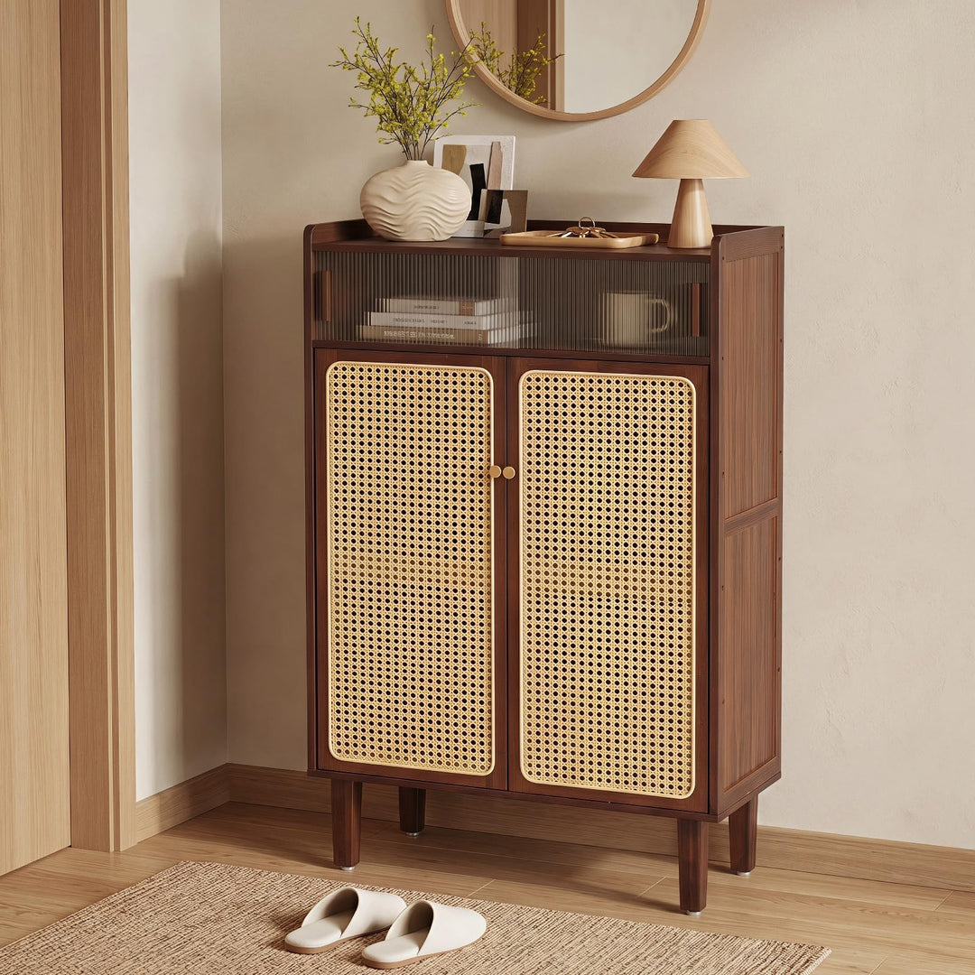 Giantex Bamboo Shoe Cabinet w/Woven Rattan Doors