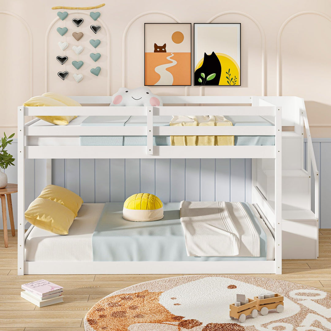 Giantex Bunk Bed with Stairs, Solid Wood Floor Bunk Bed with Storage Staircase &amp; Full-Length Guardrails