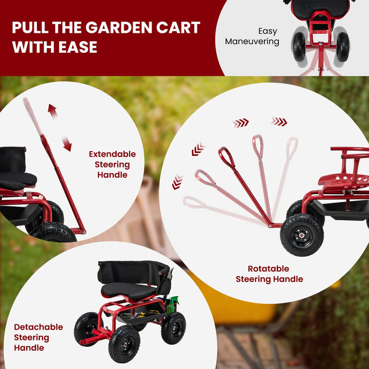 Giantex Cushioned Rolling Garden Cart Scooter with Storage Basket and Tool Pouch