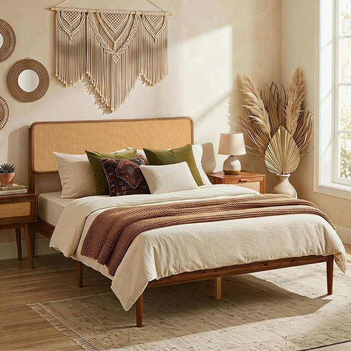 Giantex Wooden Bed Frame Full/Twin/Queen Size with Rattan Headboard