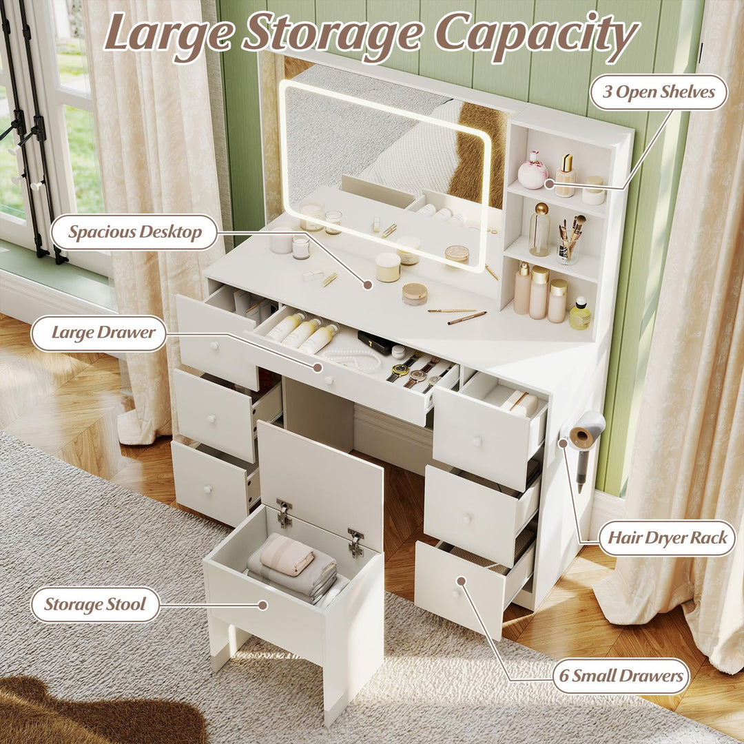 Giantex Large Vanity Desk with Lighted Mirror 46in White Makeup Table with 7 Drawers Charging Station