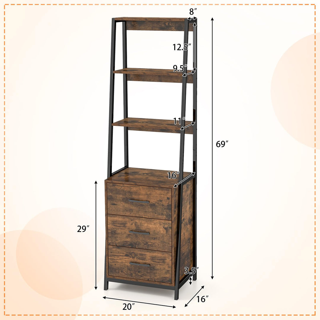 Giantex Ladder Bookshelf with Drawers 69" Tall Wooden Bookcase