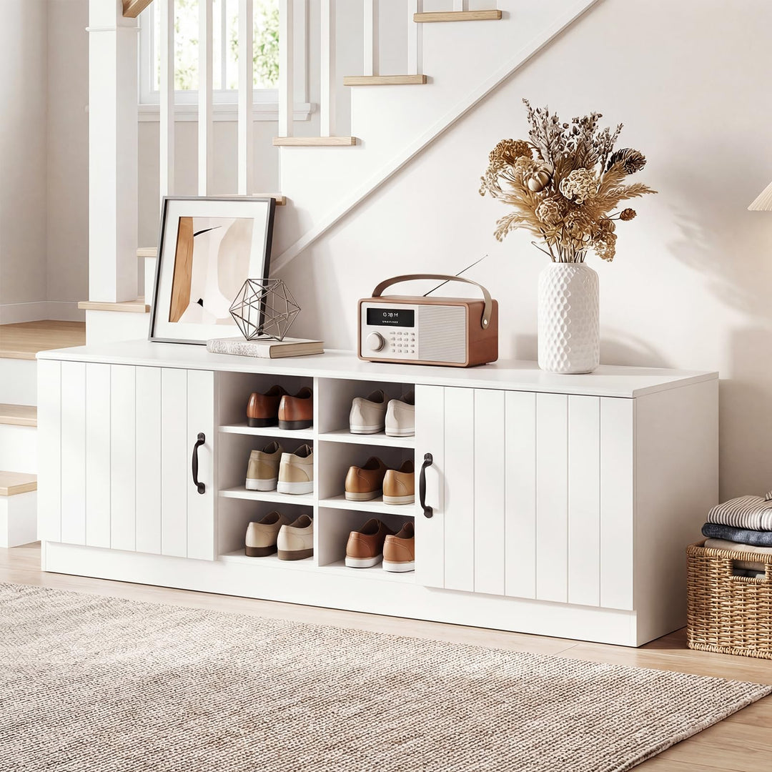 Giantex 2-Door Shoe Storage Bench Wooden Entryway Bench with Storage