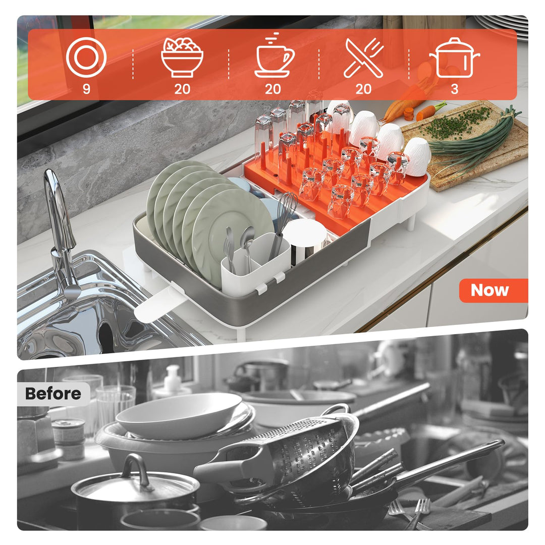 Giantex Expandable Dish Drying Rack - Adjustable Dual-Part Dish Drainer with Detachable Utensil Holder