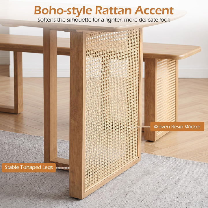 GIANTEX Rattan Dining Table Set for 4 | Rubber Wood Kitchen Table &amp; 2 Bench