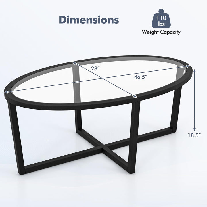 Giantex Glass Coffee Table, 46.5" Oval Accent Sofa Tea Table with Tempered Glass Top, Cross Base &amp; Acacia Wood Legs