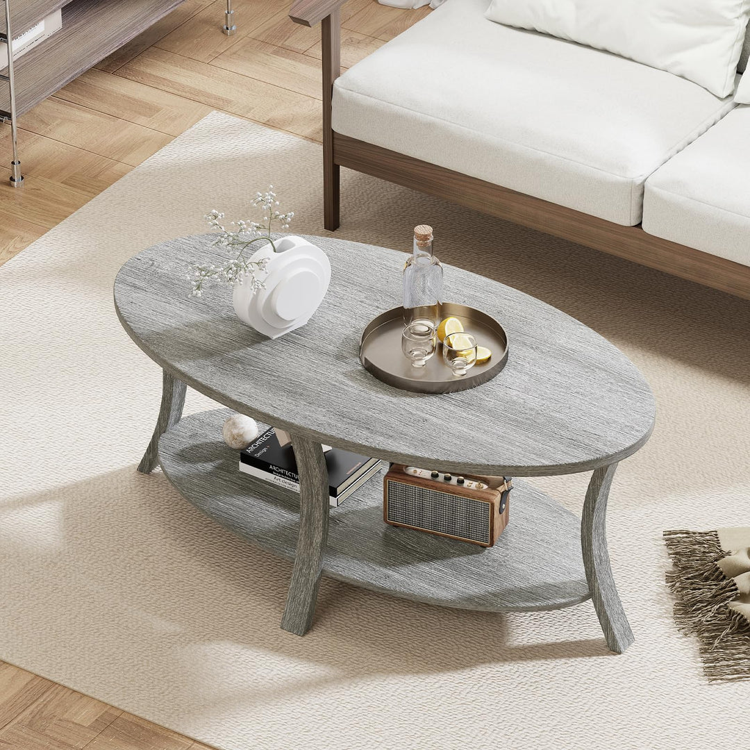 Giantex 44 Inch Oval Coffee Table 2-Tier Center Table with Storage Shelf &amp; Rubber Wood Frame