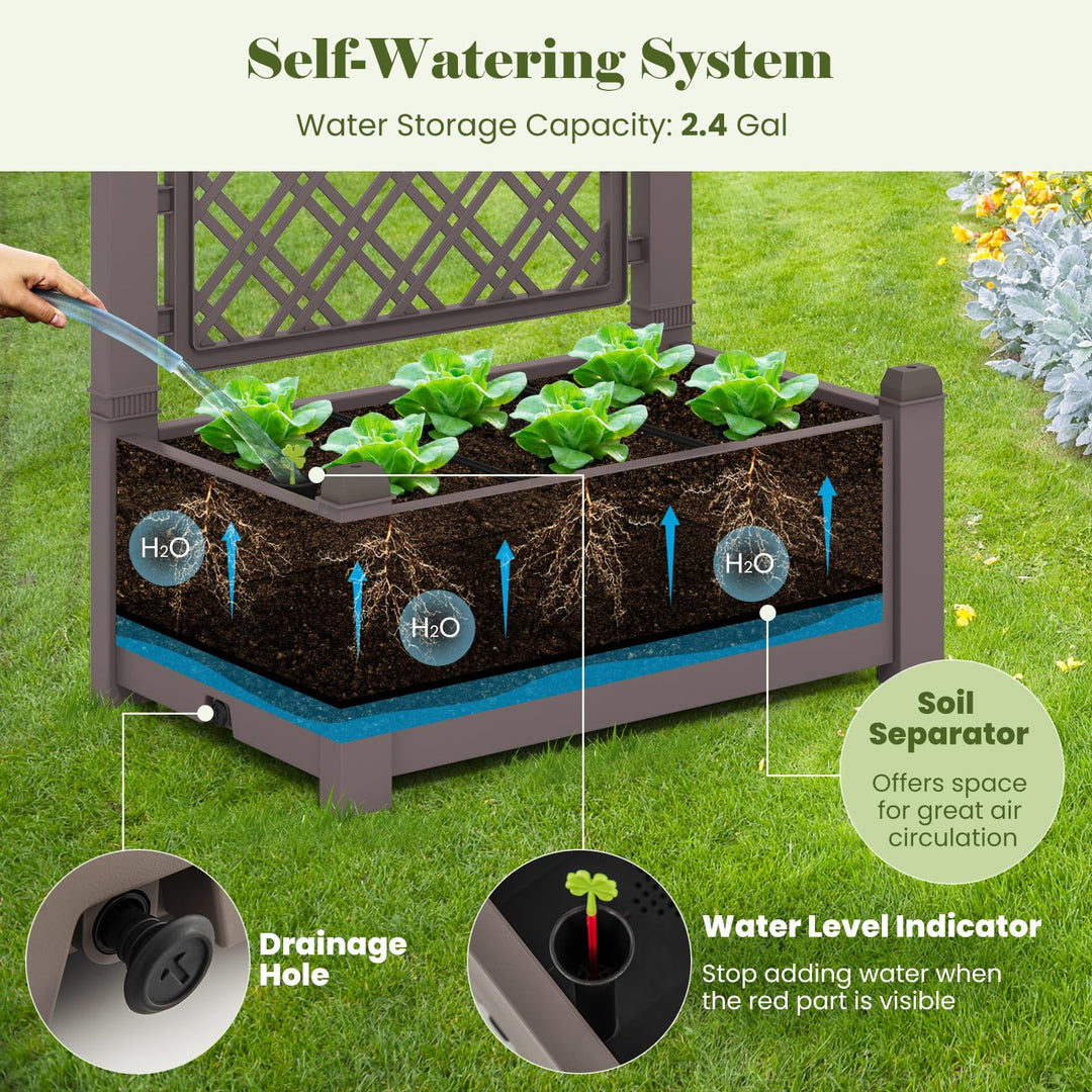 Giantex Raised Garden Bed with Trellis 59”, Self-Watering Planter Box with Water Level Indicator &amp; Removable Space Dividers