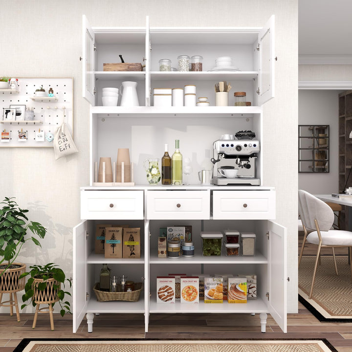 Giantex Pantry Cabinet, 77” Tall Buffet Cabinet with Hutch, LED Lights &amp; Charging Station
