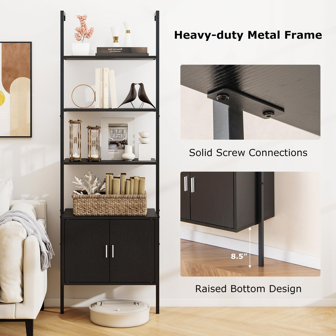 Giantex 5-Tier Wall-Mounted Ladder Shelf 72.5" Tall Bookshelf w/ 2-Door Cabinet