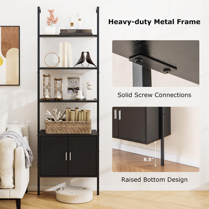 Giantex 5-Tier Wall-Mounted Ladder Shelf 72.5" Tall Bookshelf w/ 2-Door Cabinet