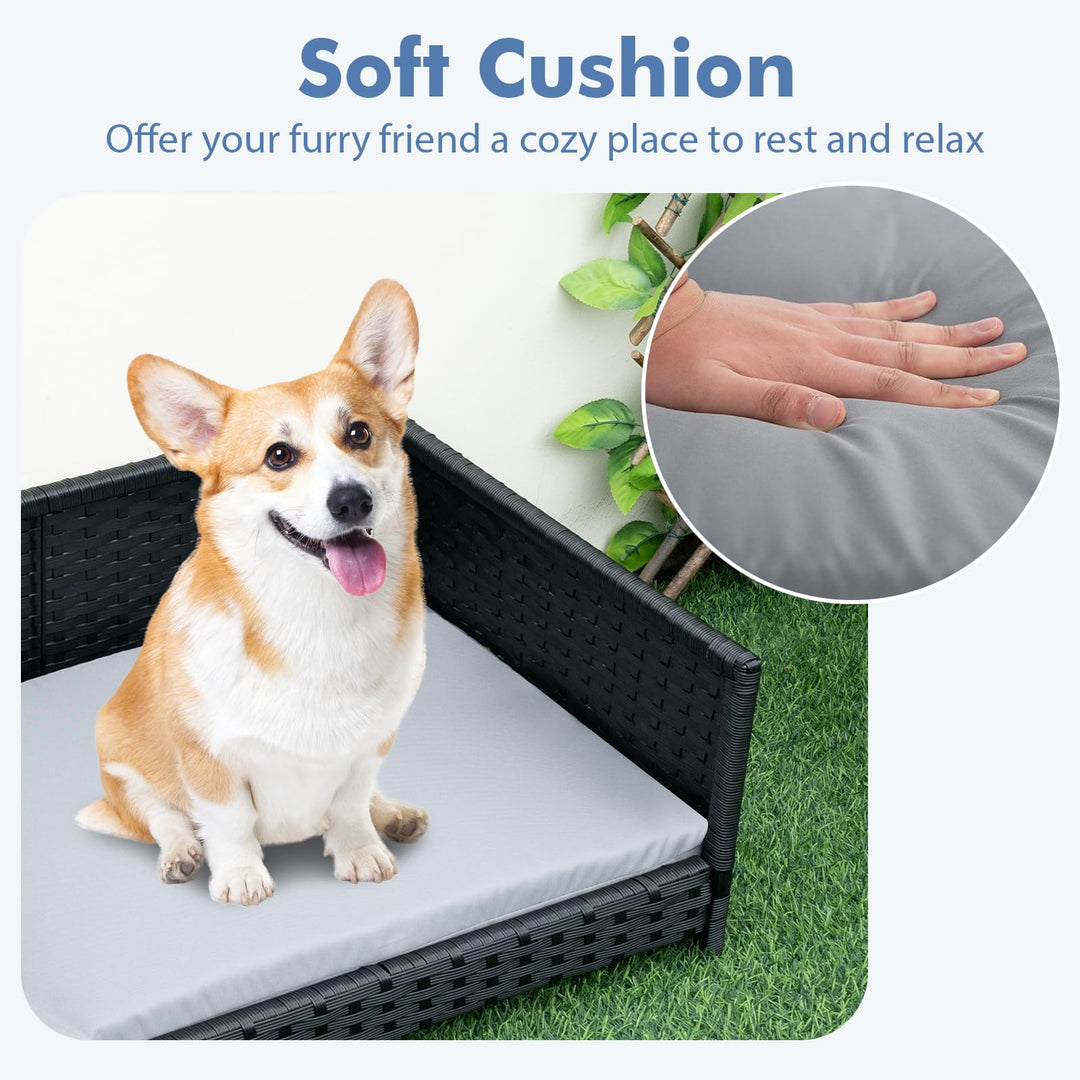 Giantex Wicker Dog Bed, Raised Woven Rattan Pet Bed Sofa Couch w/Waterproof &amp; Washable Cushion