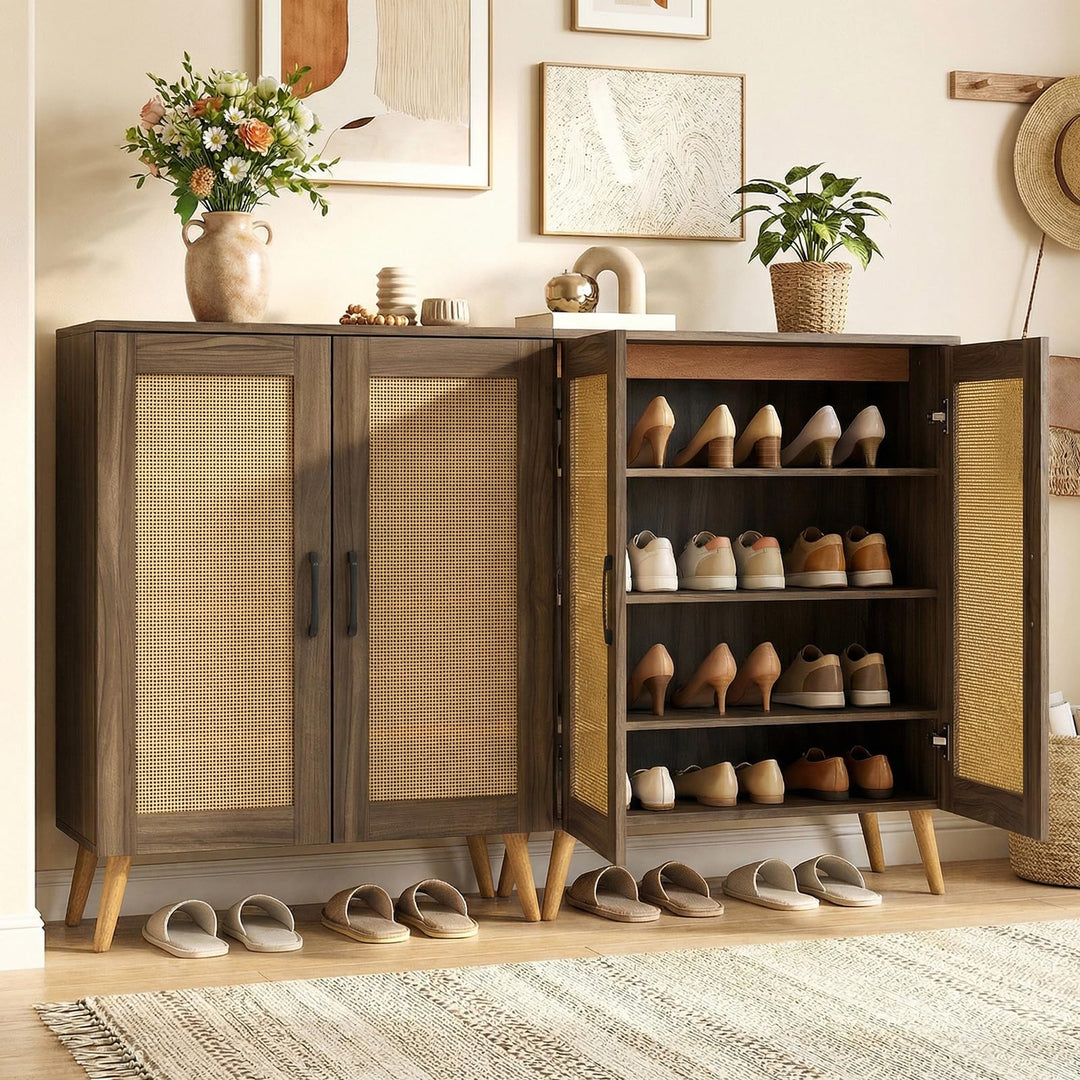 Giantex Shoe Cabinet with Doors 4-Tier Rattan Shoe Rack Organizer Cabinet(Rattan Door)