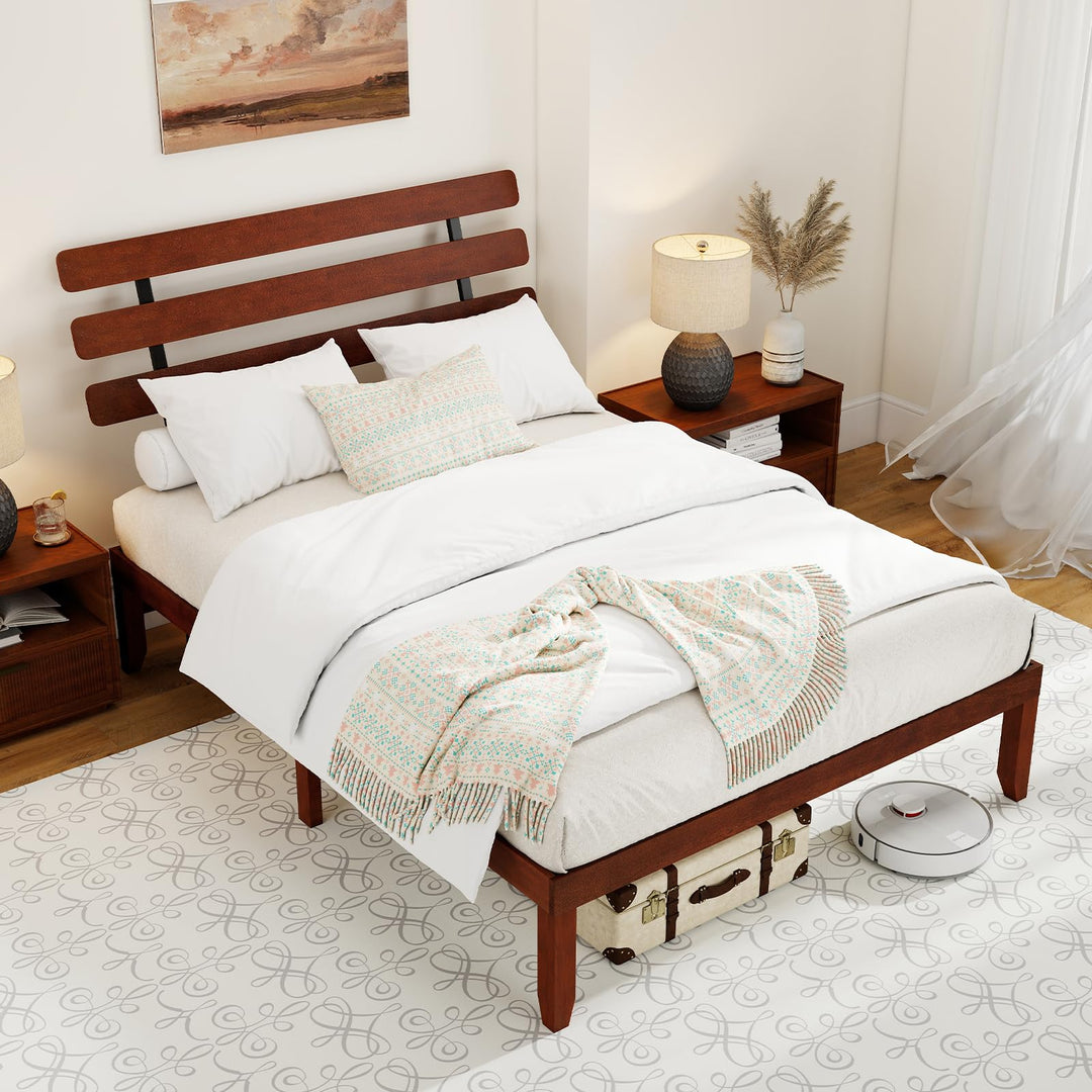 Giantex Queen/Full/Twin Size Platform Bed with Retro Headboard Mid Century Modern Bed Frame with Wood Slat Support