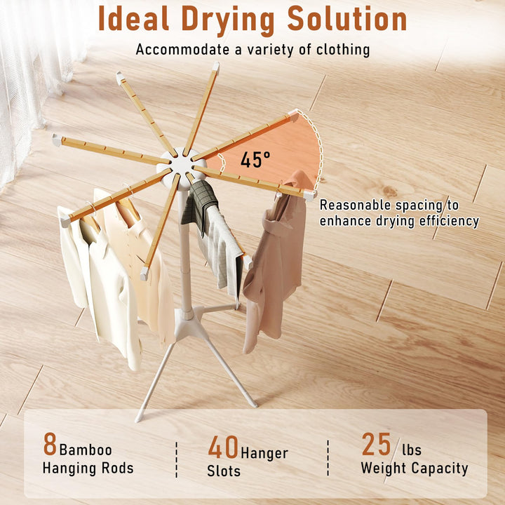 Giantex 4 Legs Foldable Clothes Drying Rack with 8 Bamboo Hanging Rods and 40 Hanger Slots