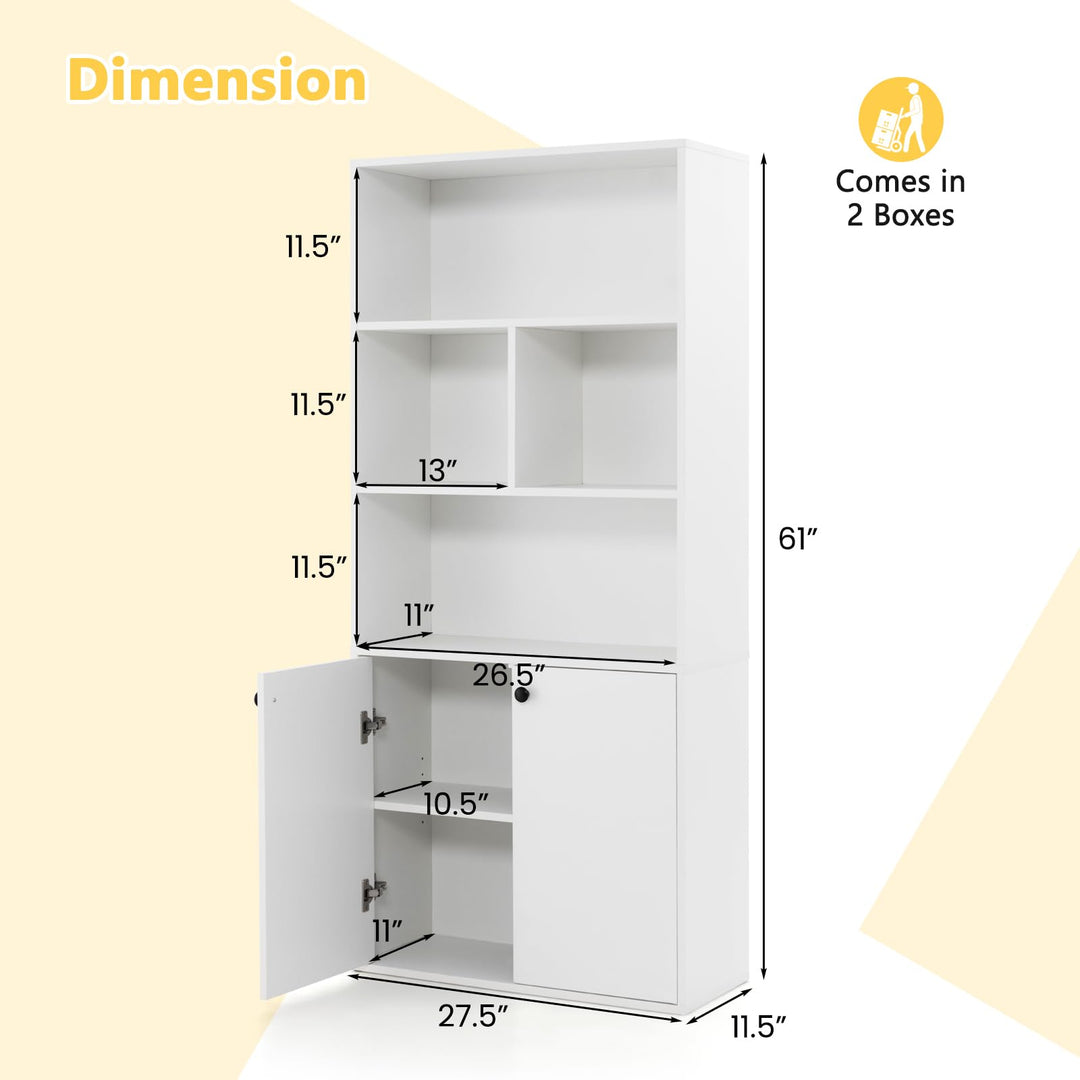 Giantex 3-Tier Bookcase with Doors, 61" Tall Bookshelf with 4 Open Cubes &amp; Adjustable Shelf, White