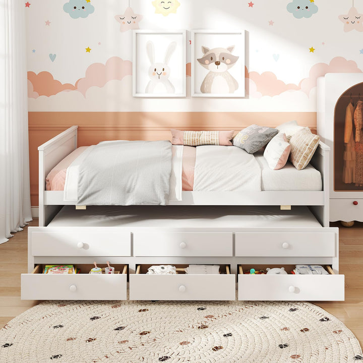 Giantex Full Size Bed Frame with Twin Trundle &amp; 3 Storage Drawers