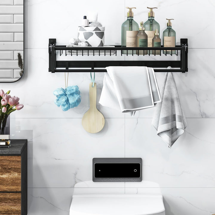 Giantex Foldable Towel Rack for Bathroom, Wall Mounted Towel Holder Organizer w/ 1 Basket, 1 Towel Bar &amp; 5 Sliding Hooks