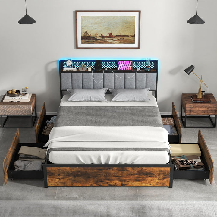 Giantex Queen/Full/Twin Size LED Bed Frame with Charging Station, Metal Platform Bed with Upholstered Headboard &amp; 4 Storage Drawers