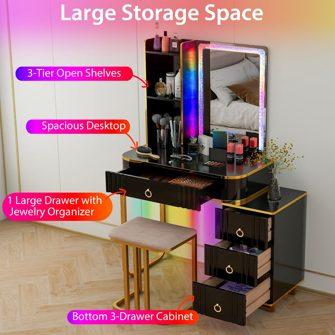 CHARMAID RBG LED Makeup Vanity Table, Colorful Lighted Mirror, 7 Dynamic &amp; 7 Static Modes, 3-Drawer Chest