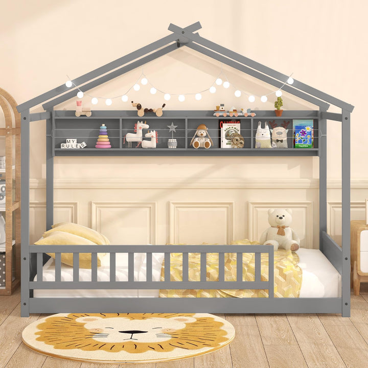 Giantex Twin Floor House Bed with Storage Shelf, Wood Twin Bed Frames with Headboard &amp; Guardrail