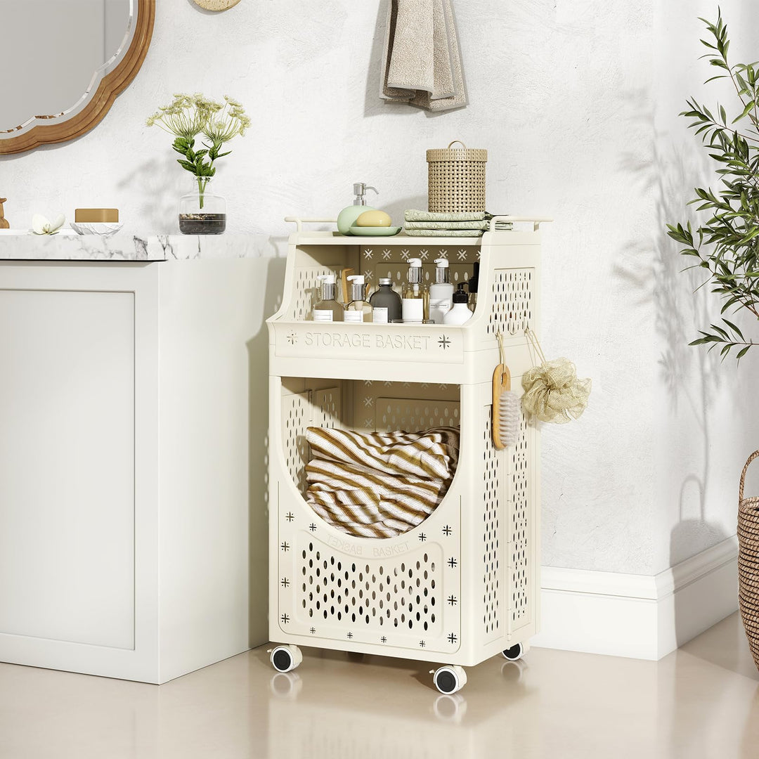 Giantex 3-Tier Rolling Laundry Cart with wheels Folding Laundry Basket with 2 Baskets
