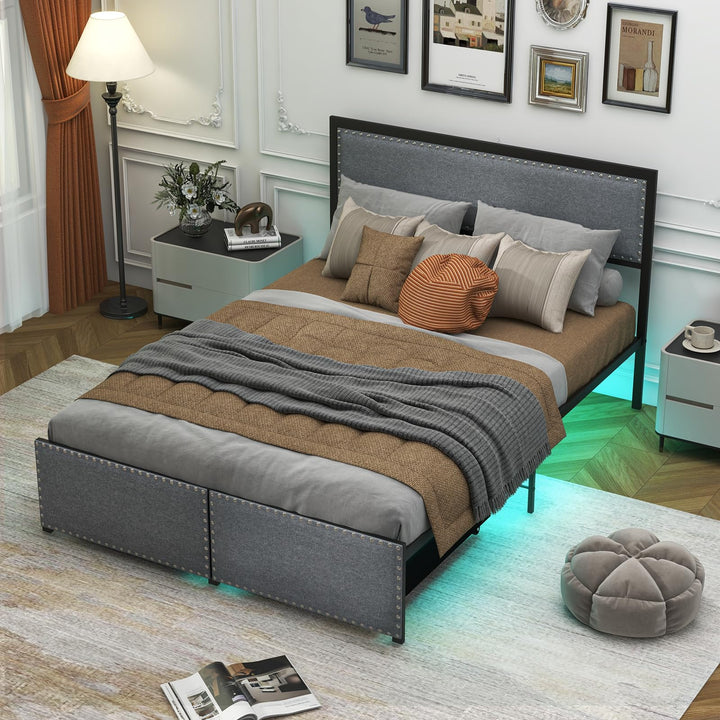 Giantex Queen/Full/Twin Size Bed Frame with LED Lights and 2 Storage Drawers