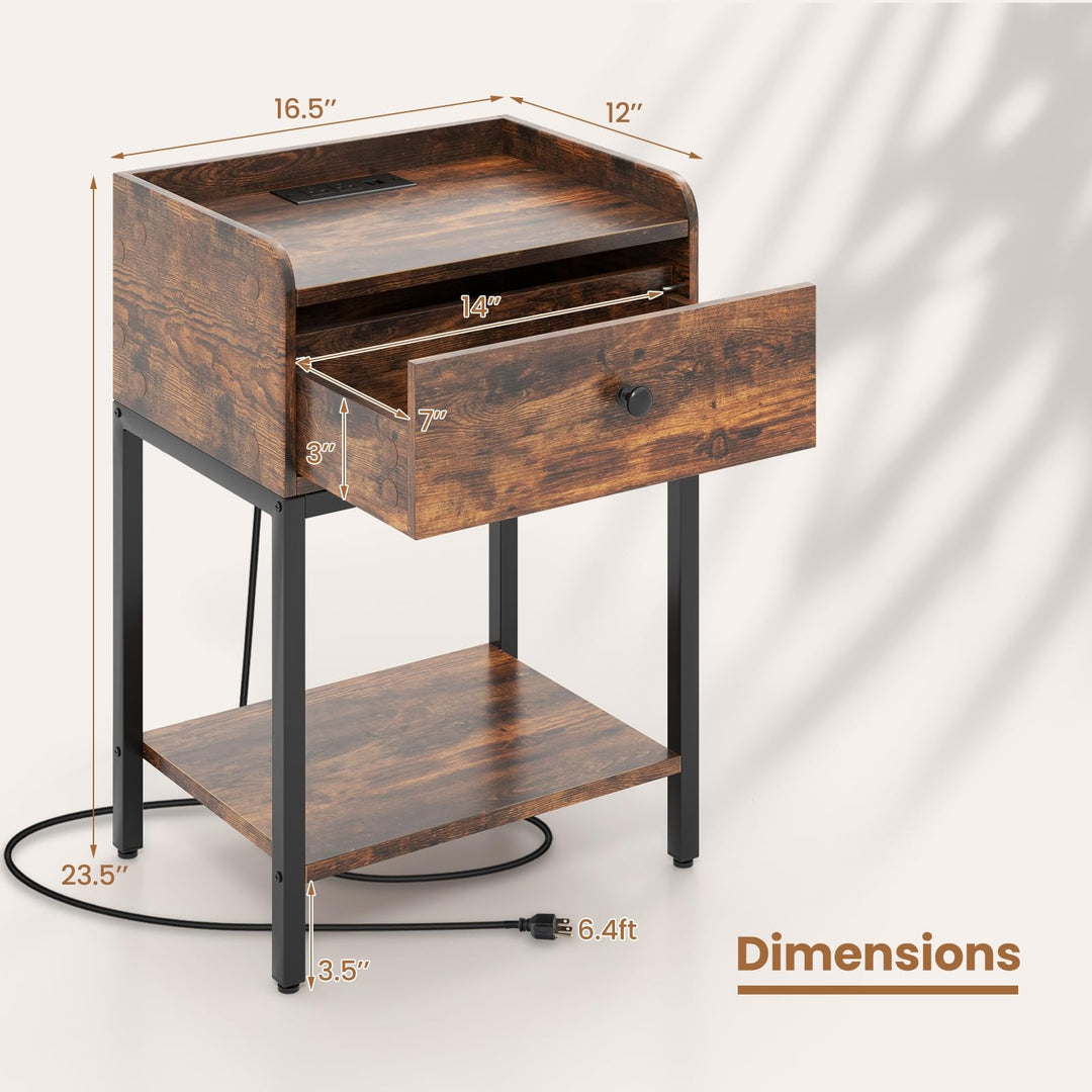 Giantex Nightstand with Charging Station, Industrial Bedside Table with Storage Drawer &amp; Open Shelf