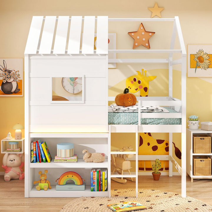 Giantex Twin Size Loft Bed with LED Lights Roof Window and Storage Bookshelf