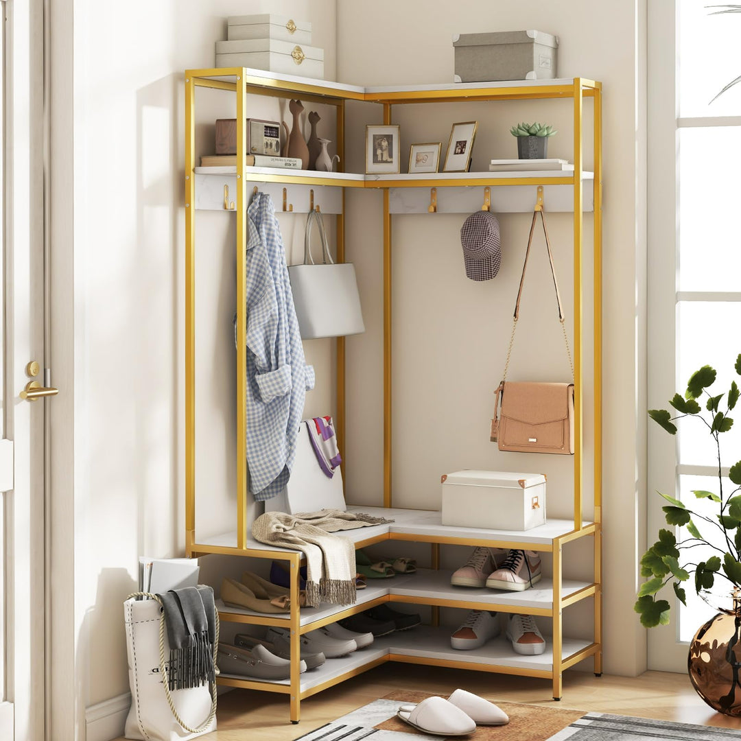 Giantex Corner Coat Rack with Shoe Bench, L-shaped Garment Rack with 5 Shelves &amp; 7 Hooks