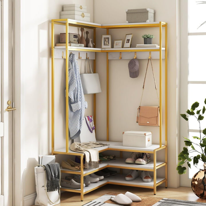 Giantex Corner Coat Rack with Shoe Bench, L-shaped Garment Rack with 5 Shelves &amp; 7 Hooks