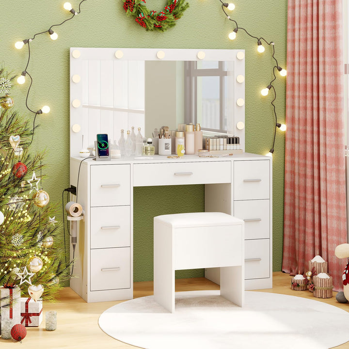 Vanity Desk with Large Mirror and Lights with Charging Station