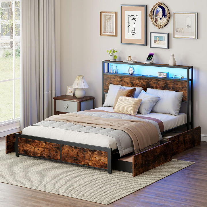 Giantex Queen/Full Size LED Bed Frame with Charging Station &amp; 4 Storage Drawers