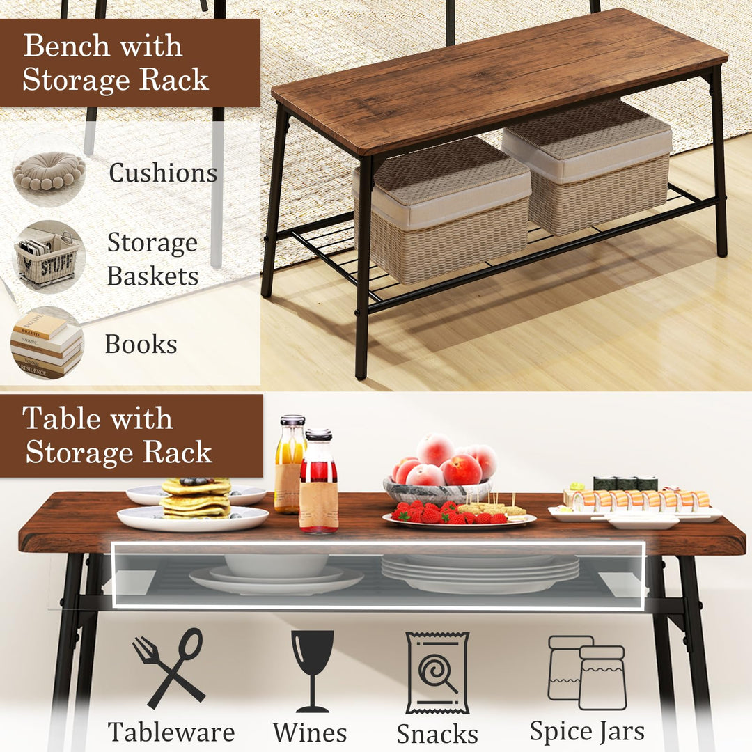 Giantex Dining Table Set for 4, Kitchen Table with Bench &amp; 2 Chairs, Storage &amp; Metal Frame