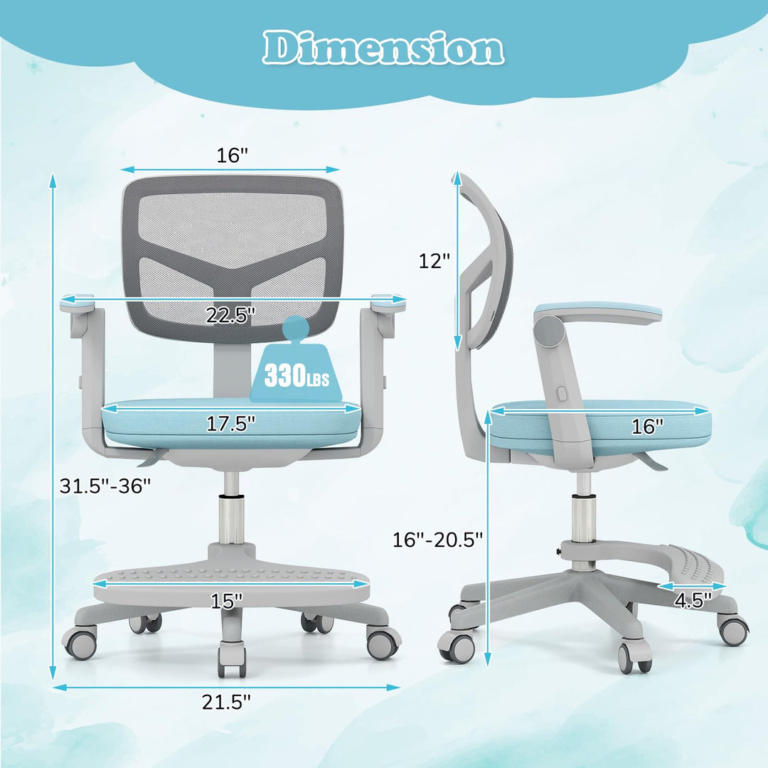 Kids Desk Chair, Ergonomic Adjustable Student Rolling Chair with Footrest &amp; Flip-up Armrest