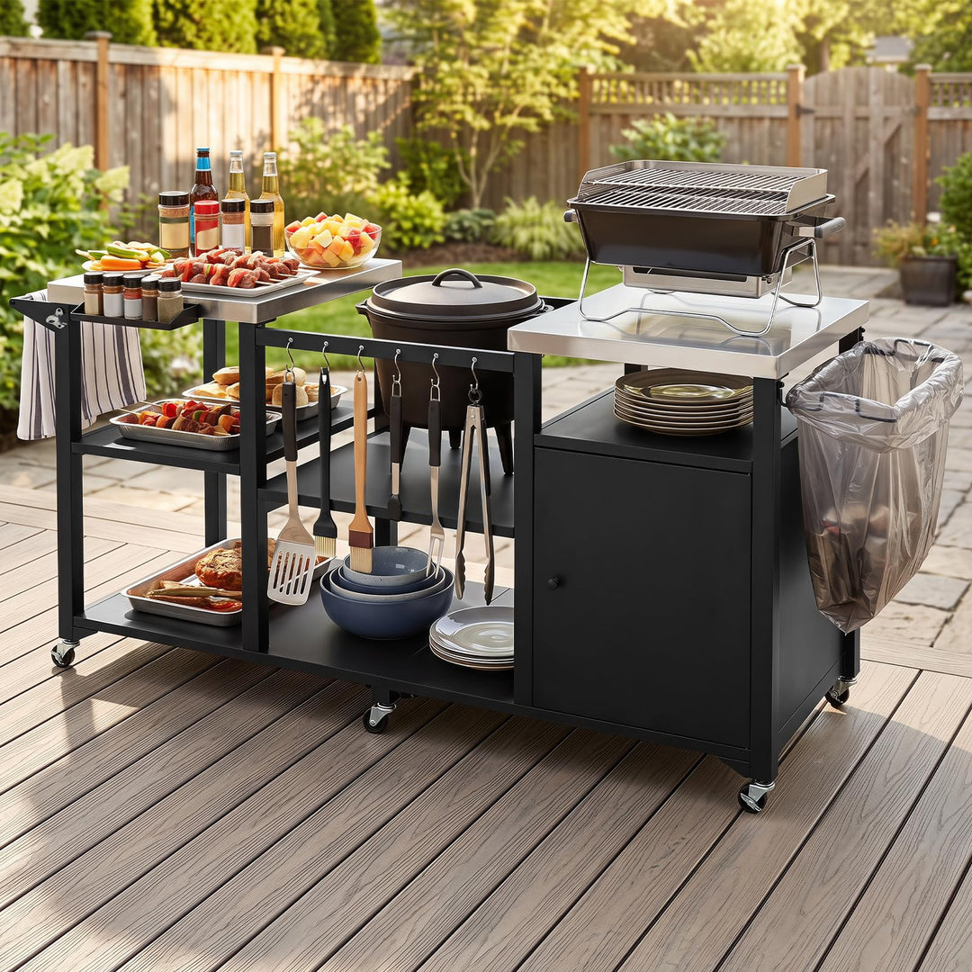 Giantex Outdoor Grill Cart with Cabinet Stainless Steel Tabletop and Hooks