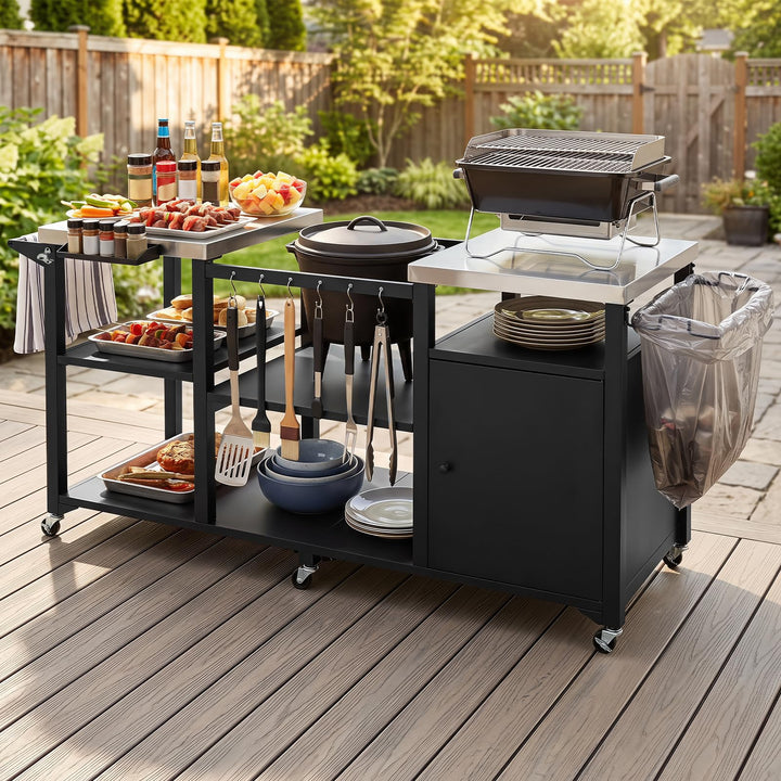 Giantex Outdoor Grill Cart with Cabinet Stainless Steel Tabletop and Hooks