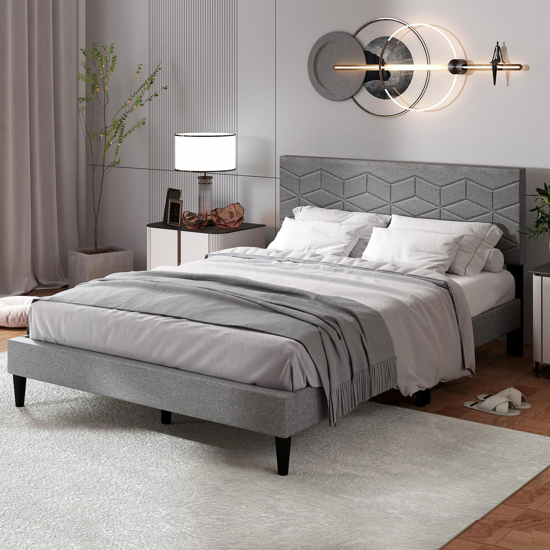 Giantex Queen/Full/Twin Size Upholstered Bed Frame Modern Platform Bed with Linen Fabric Geometric Headboard
