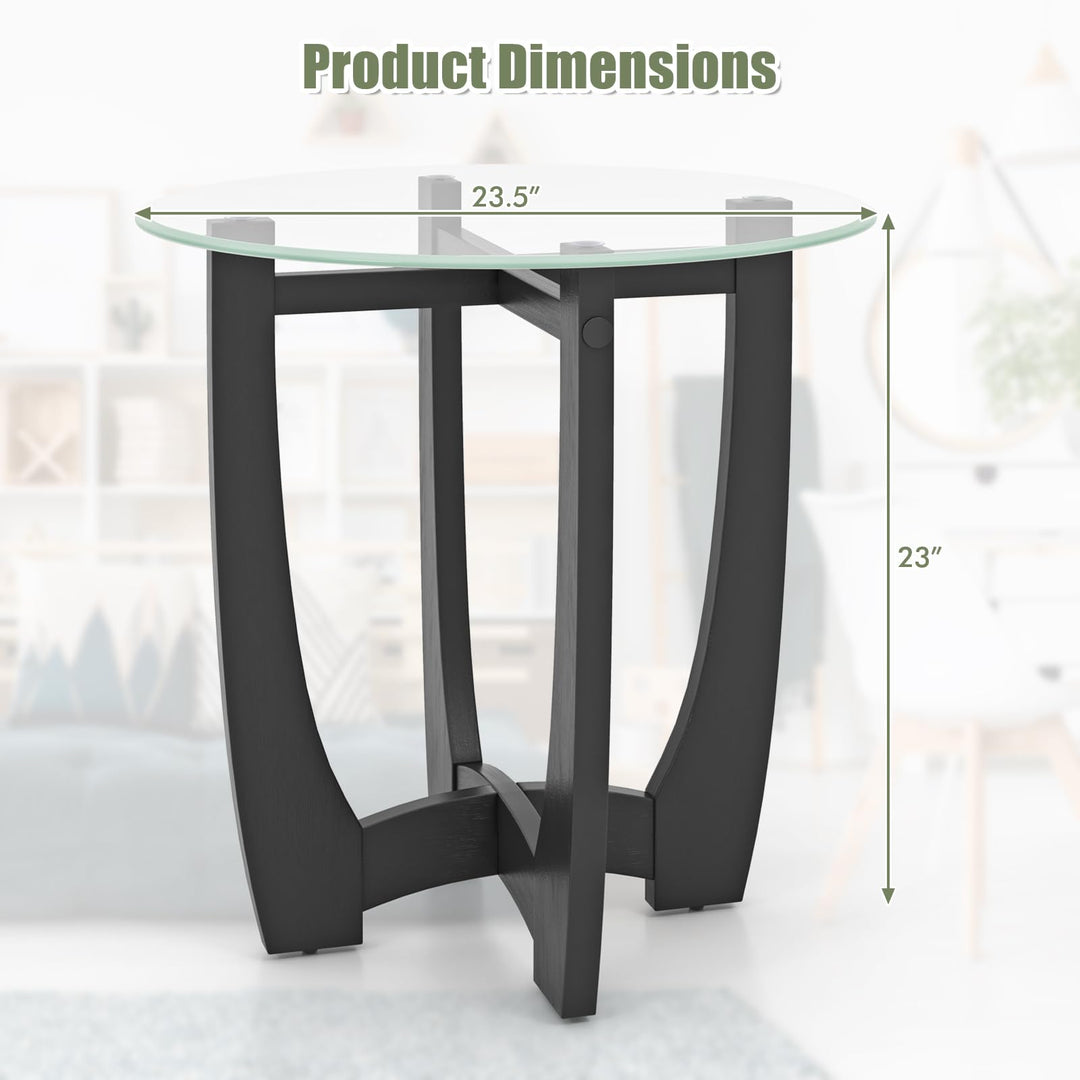 Giantex Glass End Table, Round Side Table with Rubber Wood Frame &amp; Tempered Glass Top, 23.5" Small Black Coffee Table