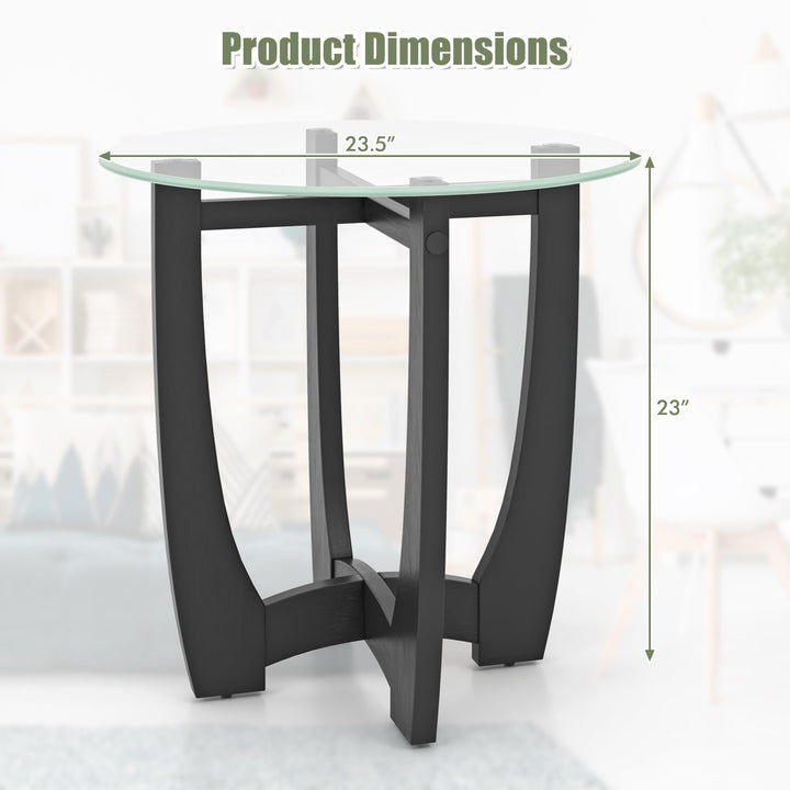 Giantex Glass End Table, Round Side Table with Rubber Wood Frame &amp; Tempered Glass Top, 23.5" Small Black Coffee Table
