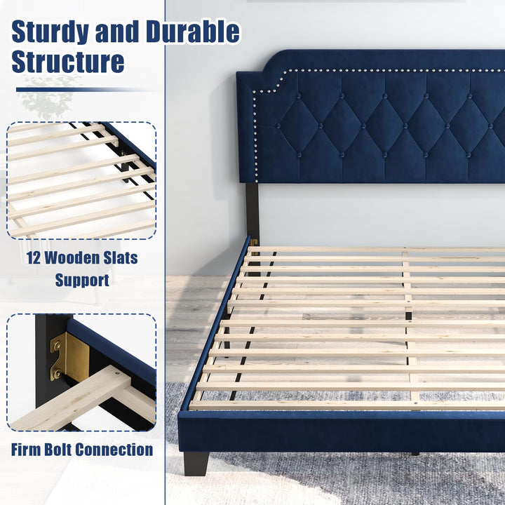 Giantex Velvet Queen Size Bed Frame, Upholstered Platform Bed with Button Tufted &amp; Nailhead Trim Headboard