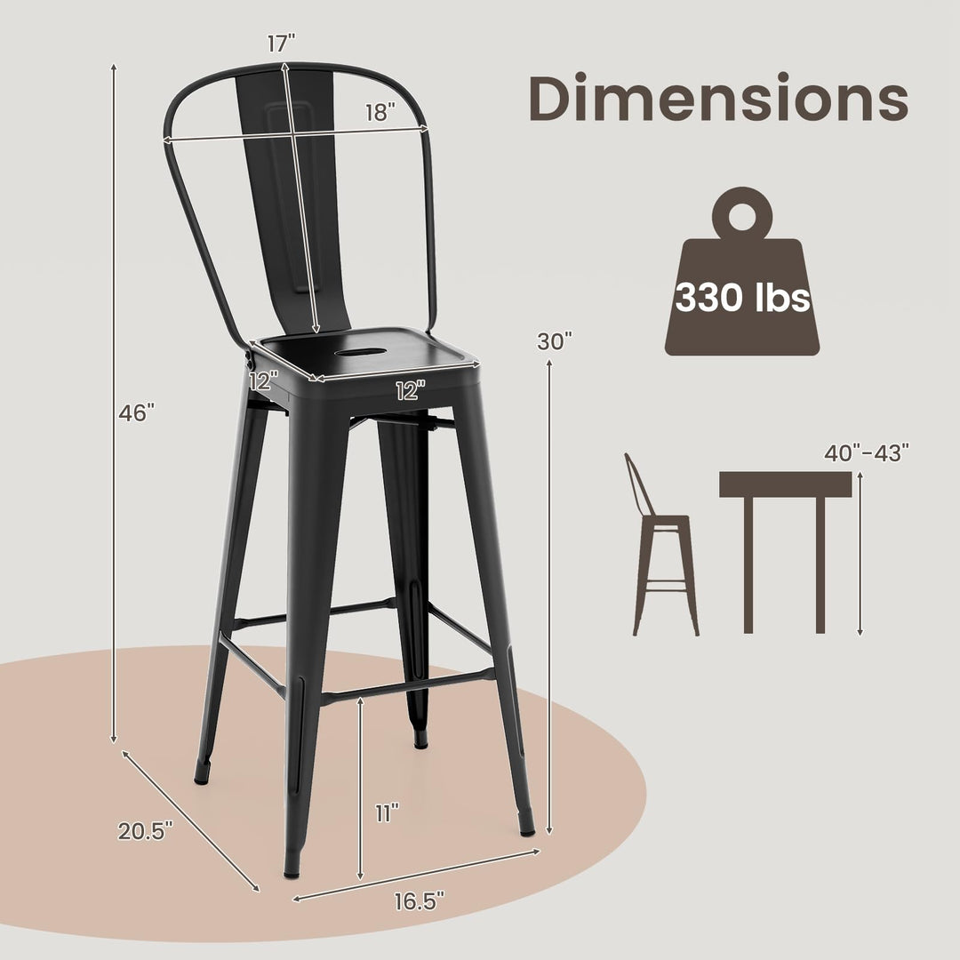 Giantex Metal Bar Stools Set of 4, 30" High Back Bar Height Chairs w/Footrest &amp; Removable Backrest