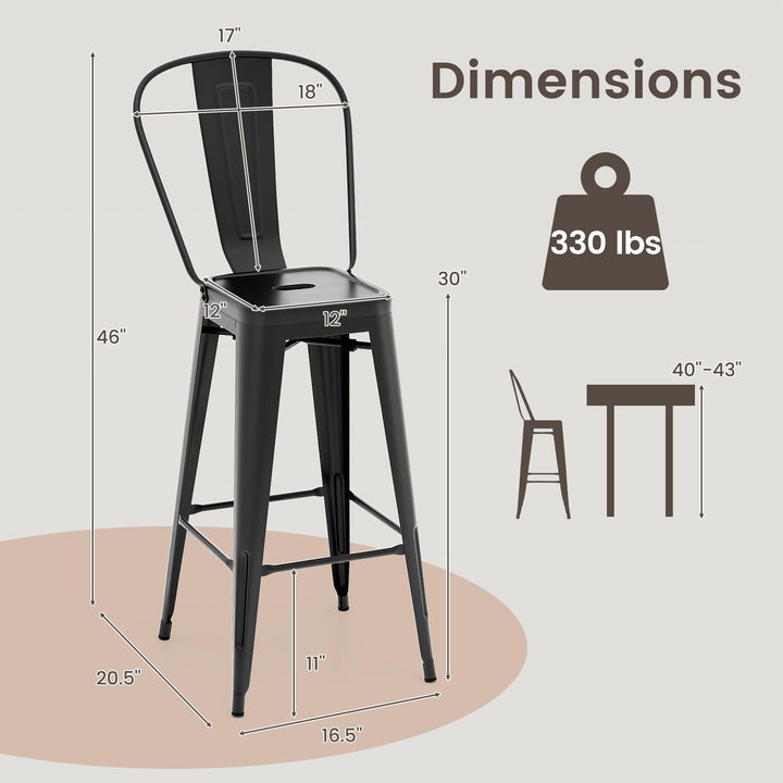 Giantex Metal Bar Stools Set of 4, 30" High Back Bar Height Chairs w/Footrest &amp; Removable Backrest