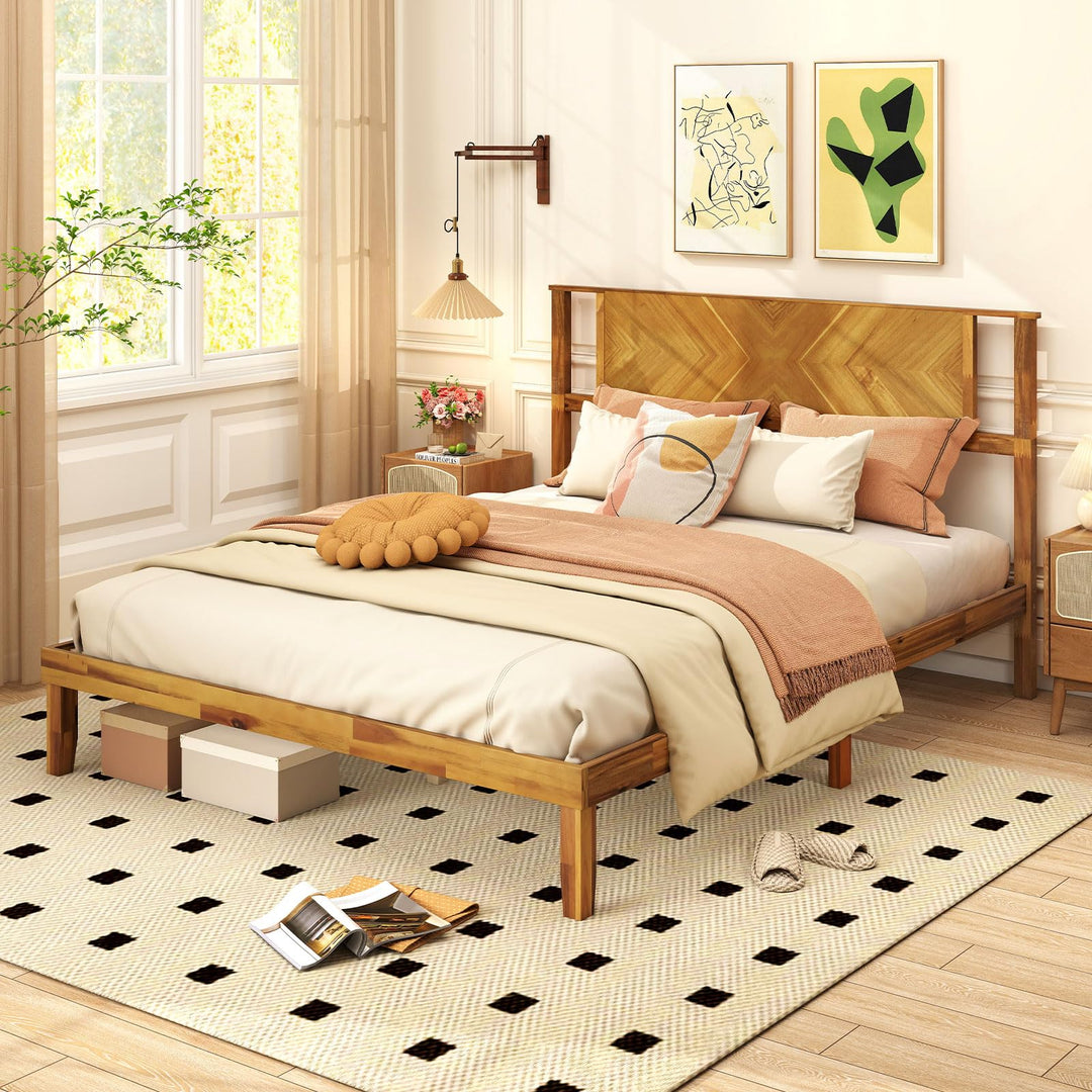 Giantex Queen/Full/Twin Size Acacia Wood Platform Bed Frame Mid-Century Modern Bed Frame with Headboard