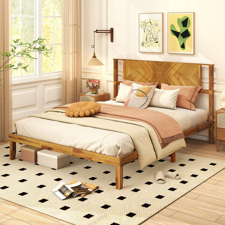 Giantex Queen/Full/Twin Size Acacia Wood Platform Bed Frame Mid-Century Modern Bed Frame with Headboard