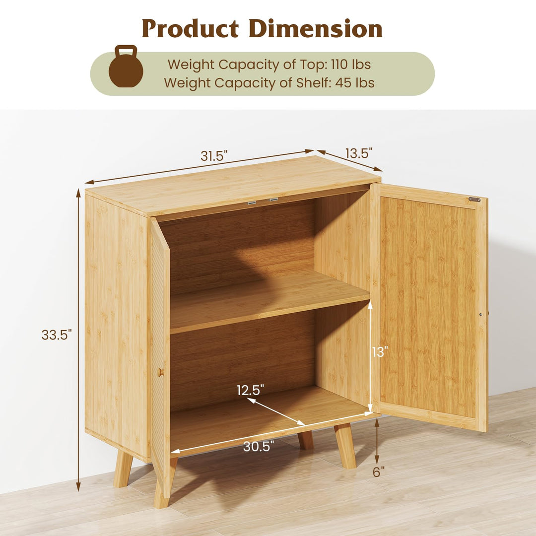 Giantex 2 Tier Bamboo Sideboard with PE Rattan Decorated Doors