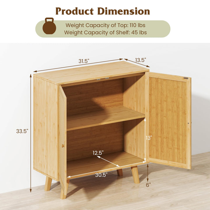 Giantex 2 Tier Bamboo Sideboard with PE Rattan Decorated Doors