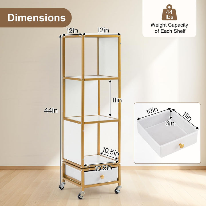 Giantex 4-Tier Rotating Bookshelf | 360° Spinning Corner Book Shelf Tower W/Removable Fabric Storage Drawer
