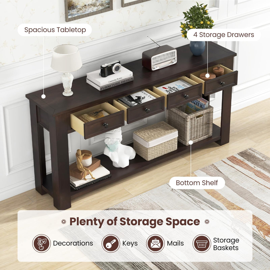 Giantex 63" Farmhouse Entryway Table, Narrow Console Table w/ 4 Storage Drawers &amp; Open Shelf
