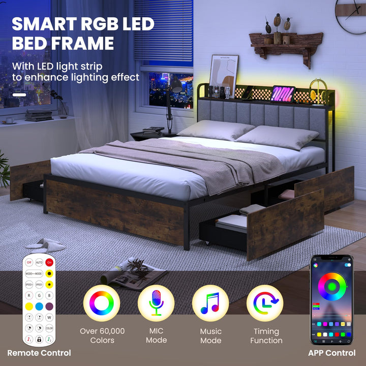 Giantex Queen/Full/Twin Size LED Bed Frame with Charging Station, Metal Platform Bed with Upholstered Headboard &amp; 4 Storage Drawers